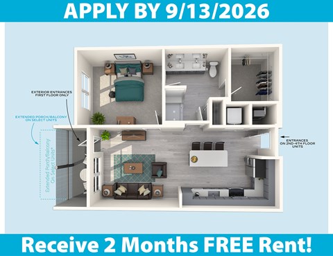 Floor plan for 1 bed, 1 bath, 749 sqft